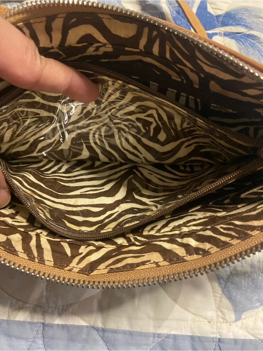 BRIGHTON Golden Brown Patent Leather Trim Nylon Crossbody Bag
